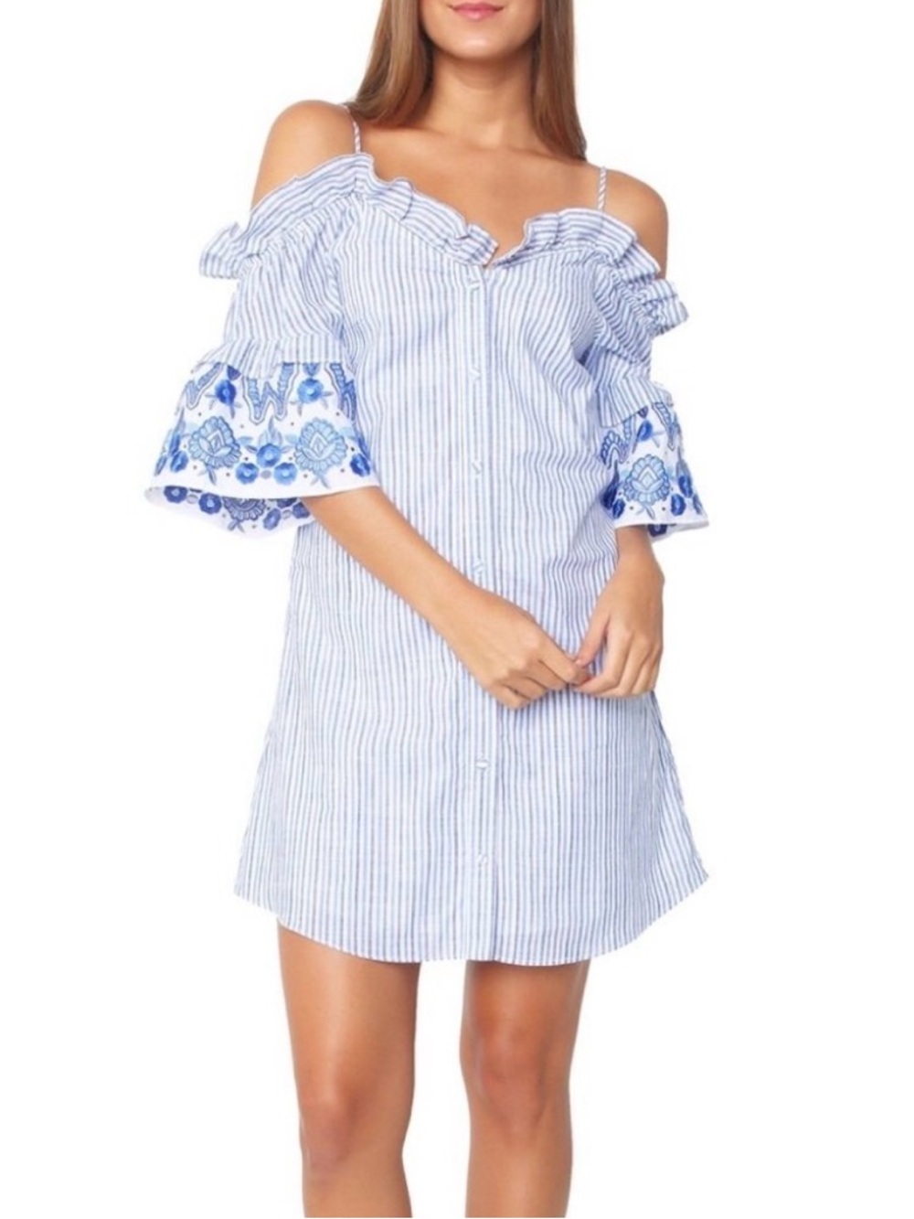Parker Keegan Striped Cold-Shoulder Shirt Dress Size Large embroidered designer